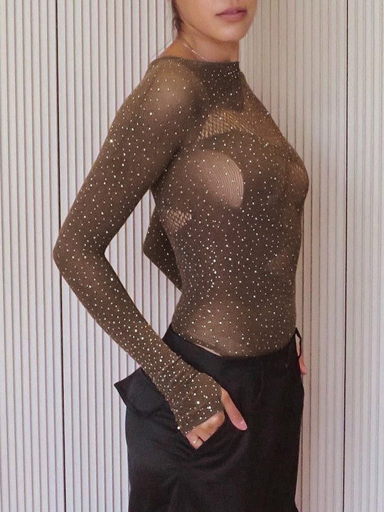 Parlak Taşlı Transparan Bodysuit Haki Uzun Kollu - SvelteChic Kadın Giyim
