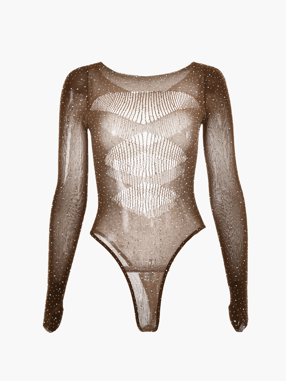 Parlak Taşlı Transparan Bodysuit Haki Uzun Kollu · 2