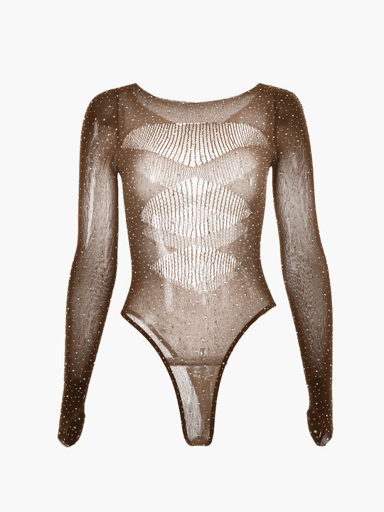 Parlak Taşlı Transparan Bodysuit Haki Uzun Kollu Detay Görünüm - SvelteChic