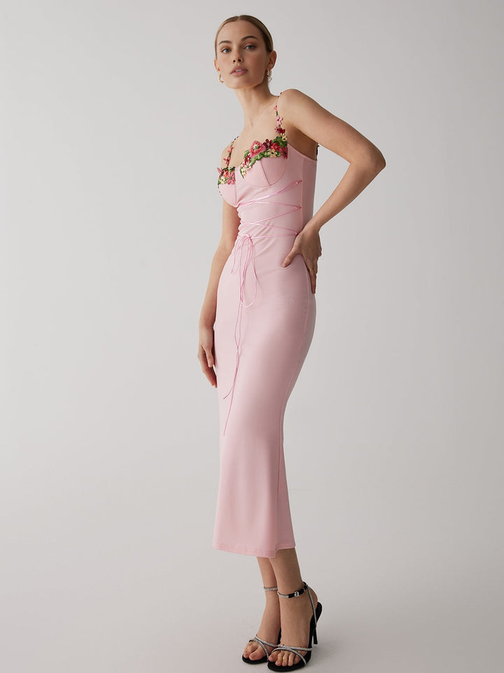 Askılı Çiçek Bağcıklı Bodycon Uzun Elbise Pudra Görsel 6 - SvelteChic