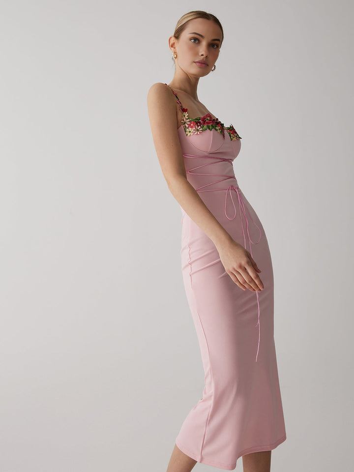 Askılı Çiçek Bağcıklı Bodycon Uzun Elbise Pudra Görsel 5 - SvelteChic