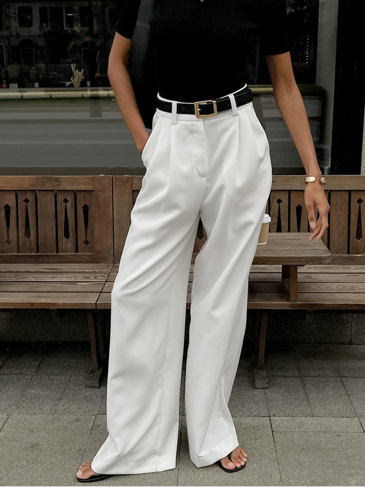 Kemersiz Geniş Paça Pantolon Beyaz Regular Fit Detay Görünüm - SvelteChic