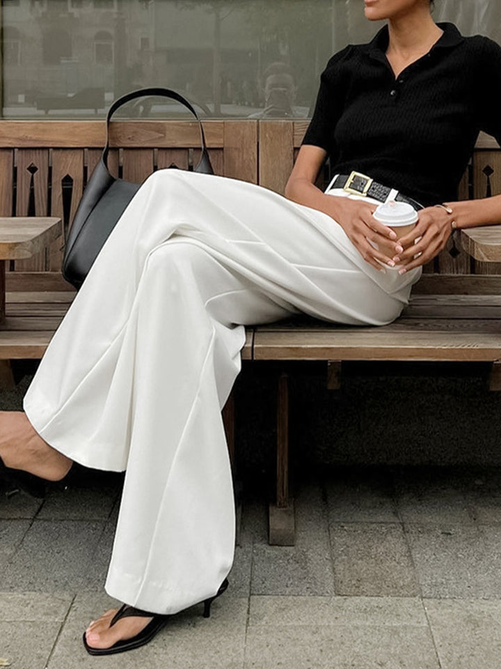 Kemersiz Geniş Paça Pantolon Beyaz Regular Fit Kombin - SvelteChic