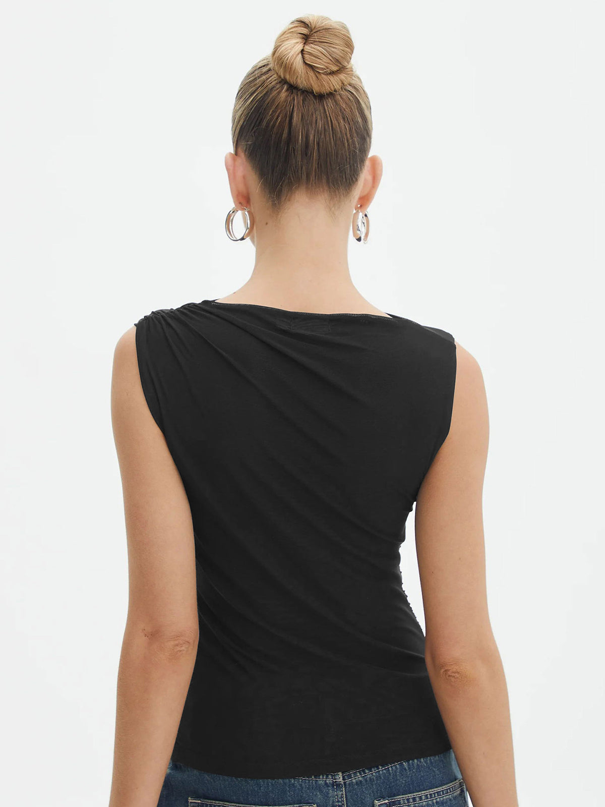 Yüksek Yaka Pilili Kolsuz Bluz Siyah Slim Fit · 3