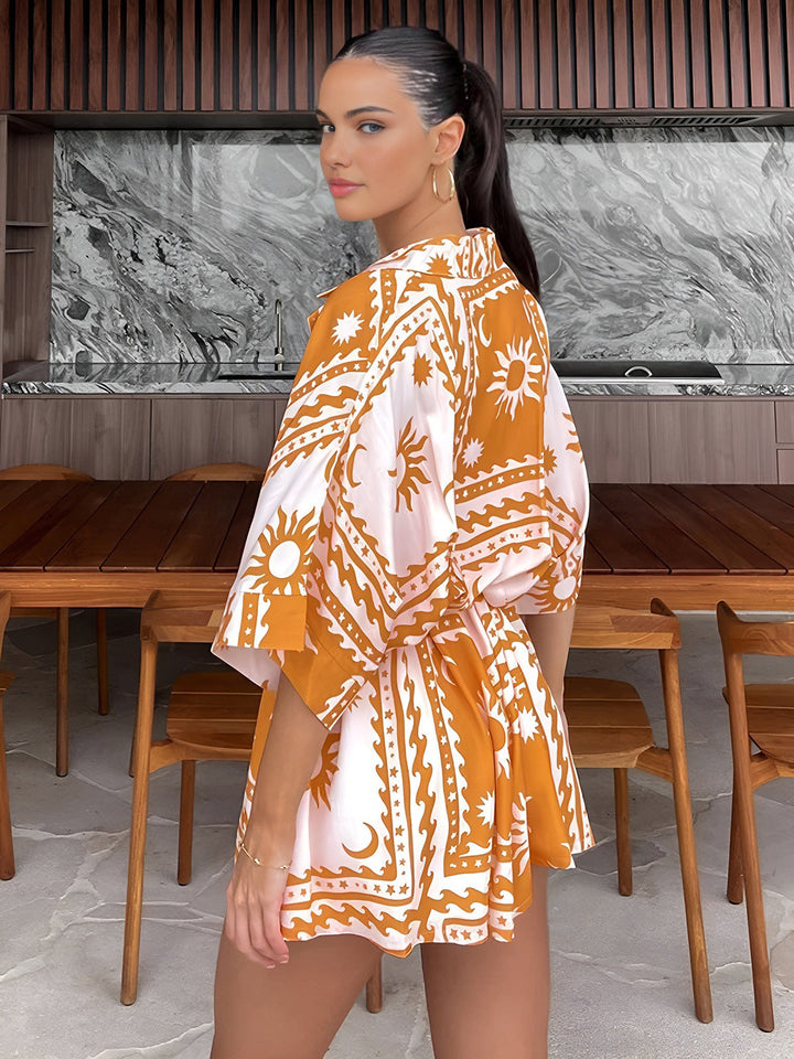 Boho Güneş Ay Desenli Kısa Tulum Turuncu Kısa Kol Kombin - SvelteChic
