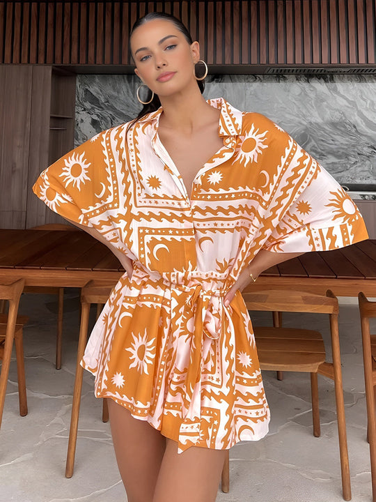 Boho Güneş Ay Desenli Kısa Tulum Turuncu Kısa Kol - SvelteChic Kadın Giyim