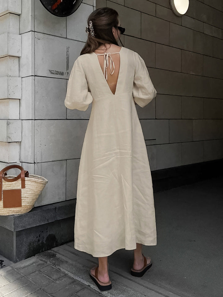 Pamuk Keten V Yaka Düğmeli Maxi Elbise Bej Önü Düğümlü Görsel 4 - SvelteChic