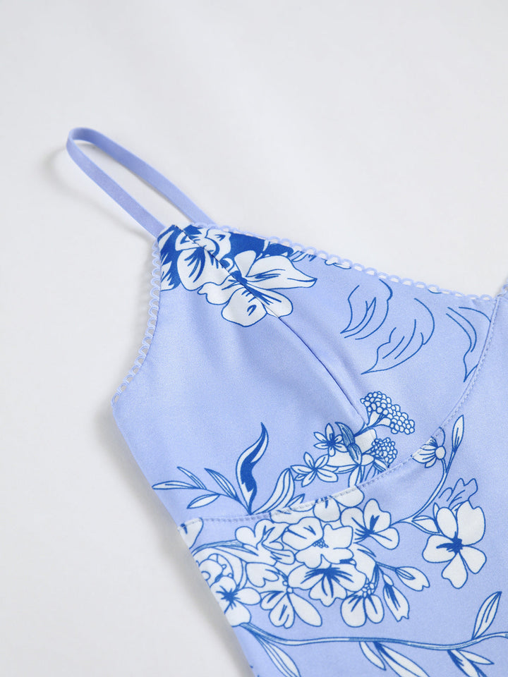 Çiçekli Askılı Maxi Elbise Açık Mavi Slim Fit Kombin - SvelteChic