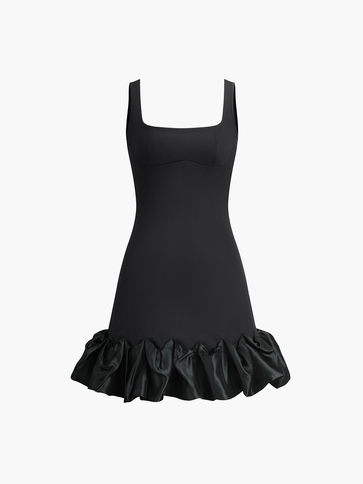 Fırfırlı Kare Yaka Kısa Elbise Siyah Slim Fit