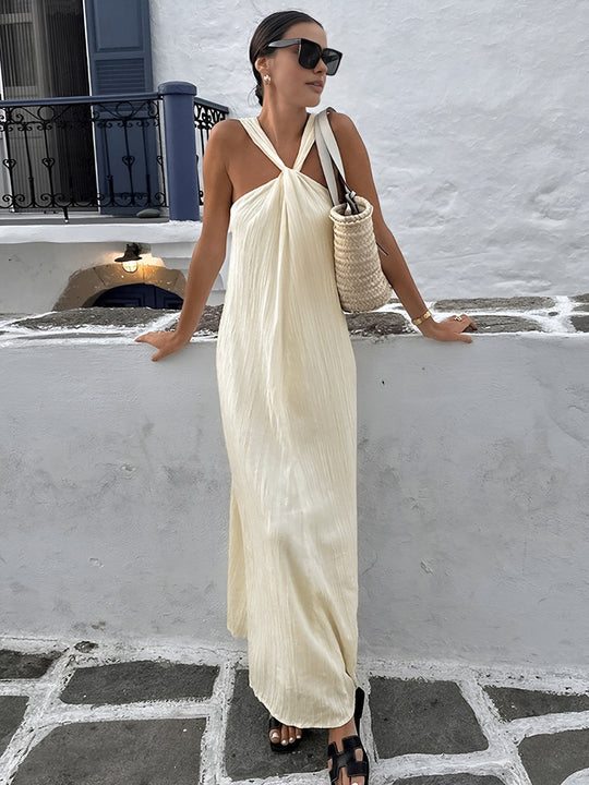 Halter Yaka Maxi Elbise Ekru Kolsuz - SvelteChic Kadın Giyim