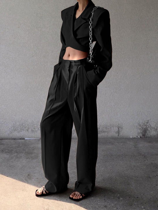 Düz Paça Bağcıklı Blazer Pantolon Takım Siyah Regular Fit Detay Görünüm - SvelteChic
