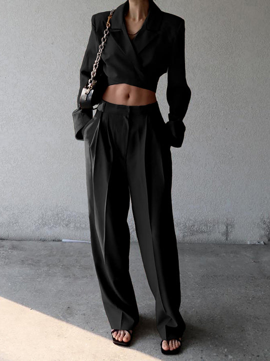 Düz Paça Bağcıklı Blazer Pantolon Takım Siyah Regular Fit - SvelteChic Kadın Giyim