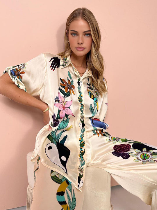 Çiçek Desenli Saten Pantolon Takım Çok Renkli Bohemian Detay Görünüm - SvelteChic