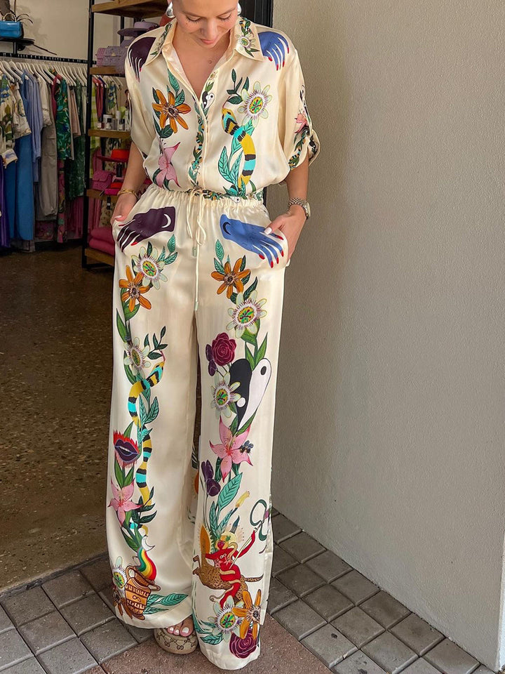 Çiçek Desenli Saten Pantolon Takım Çok Renkli Bohemian Görsel 5 - SvelteChic