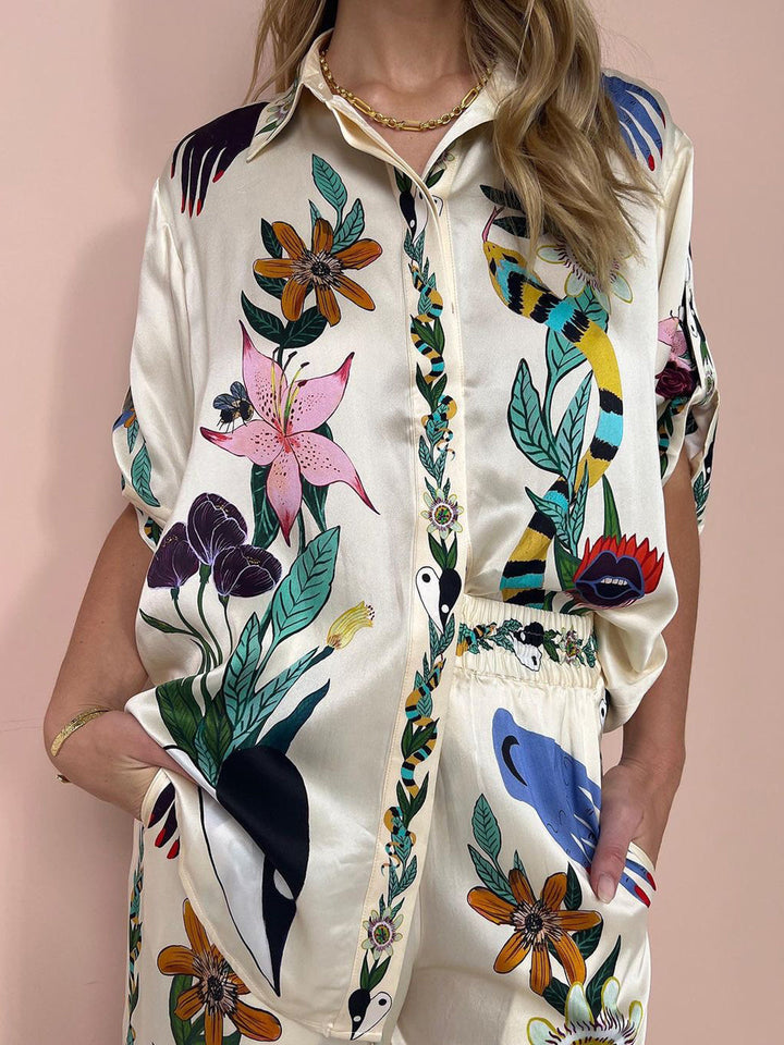 Çiçek Desenli Saten Pantolon Takım Çok Renkli Bohemian Görsel 4 - SvelteChic