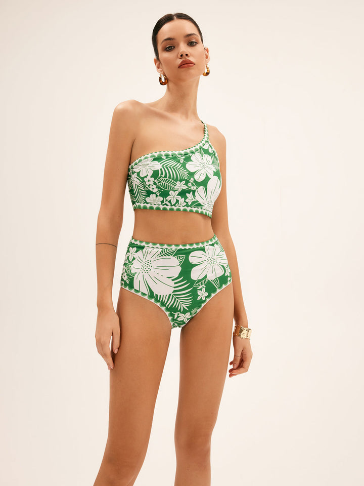 Tek Omuzlu Çiçekli Bikini Takımı Yeşil Asimetrik Kombin - SvelteChic