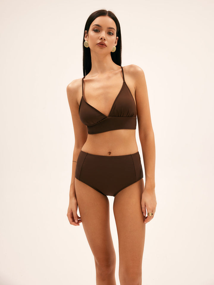 Palmiye Yüksek Bel Bikini Takımı Bağcıklı Kahverengi Görsel 4 - SvelteChic