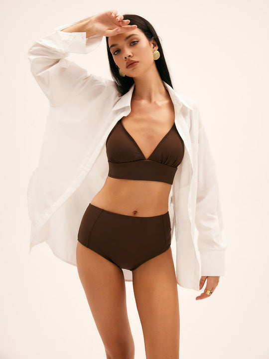 Palmiye Yüksek Bel Bikini Takımı Bağcıklı Kahverengi - SvelteChic Kadın Giyim