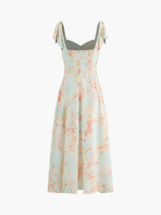 Monet Garden Çiçekli Midi Elbise Kolsuz Düğümlü Multicolor Detay Görünüm - SvelteChic
