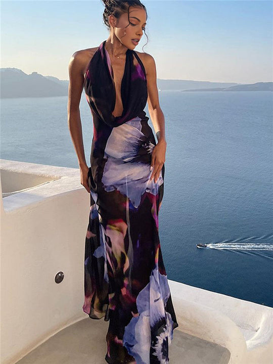 Baskılı Sırt Açık Halter Maxi Elbise Siyah - SvelteChic Kadın Giyim