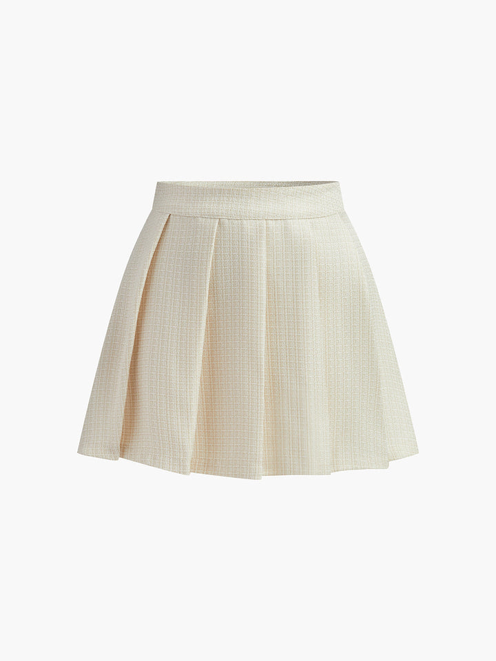 Pileli Straplez Etek Takım Düğmeli Fermuarlı Ekru