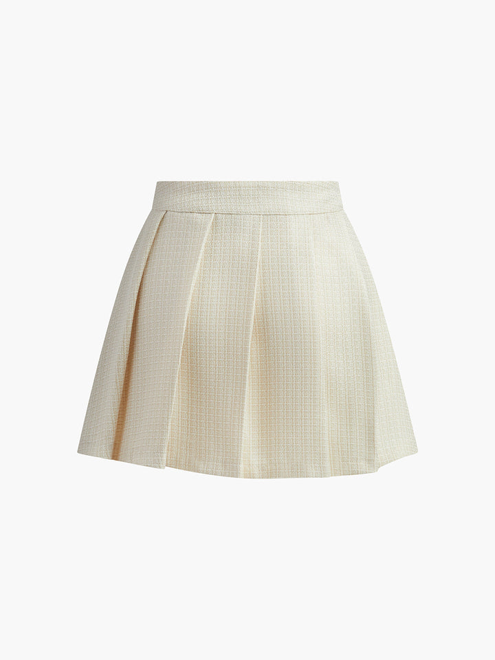 Pileli Straplez Etek Takım Düğmeli Fermuarlı Ekru