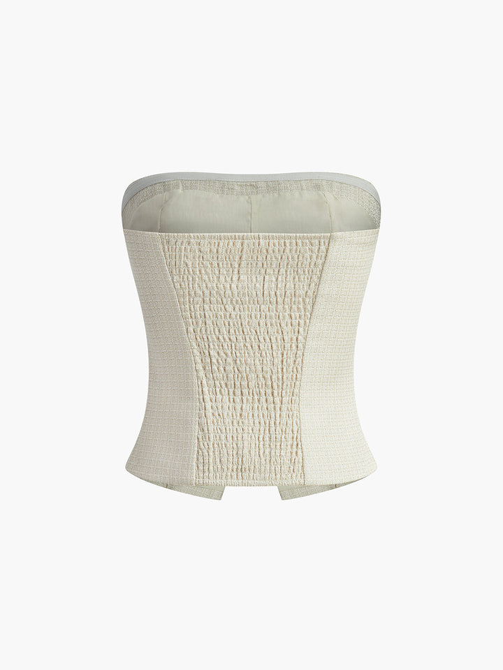 Pileli Straplez Etek Takım Düğmeli Fermuarlı Ekru