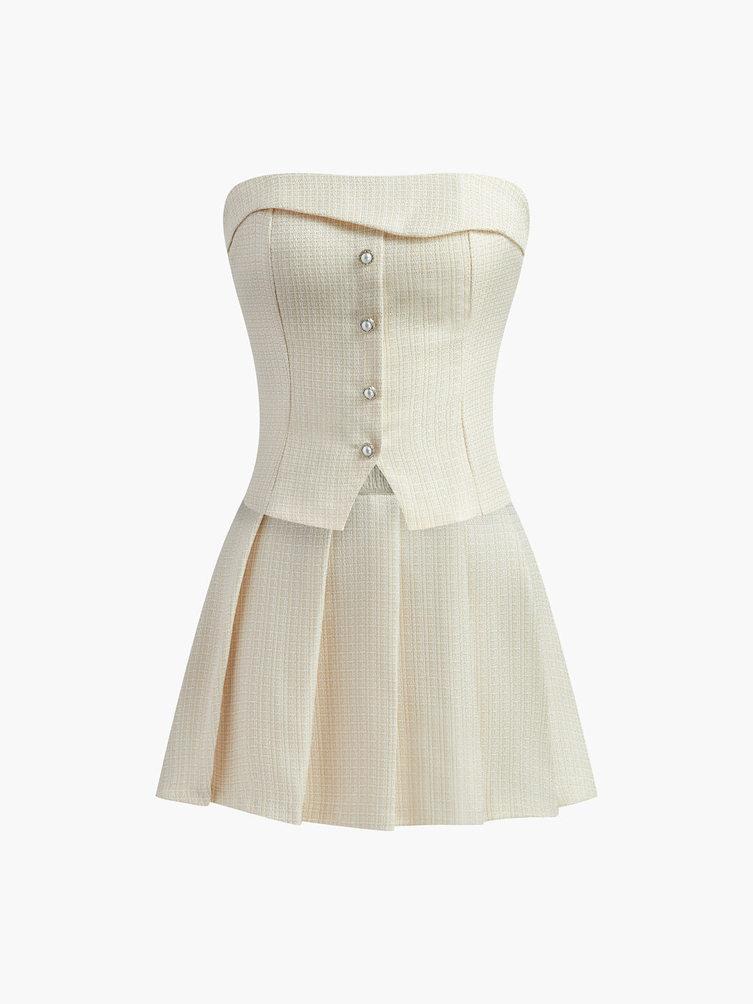 Pileli Straplez Etek Takım Düğmeli Fermuarlı Ekru