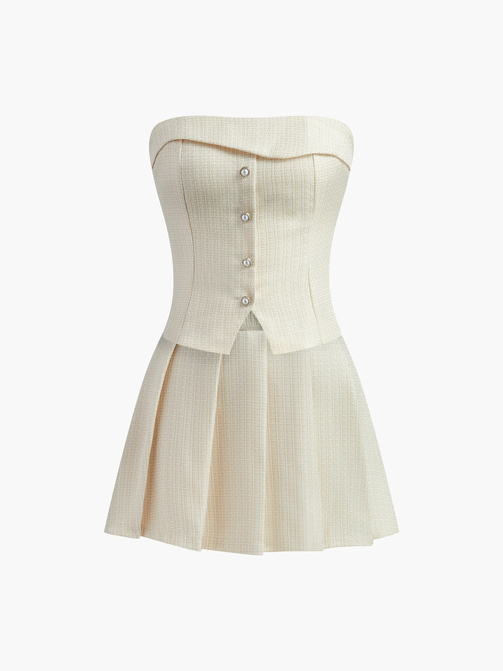 Pileli Straplez Etek Takım Düğmeli Fermuarlı Ekru