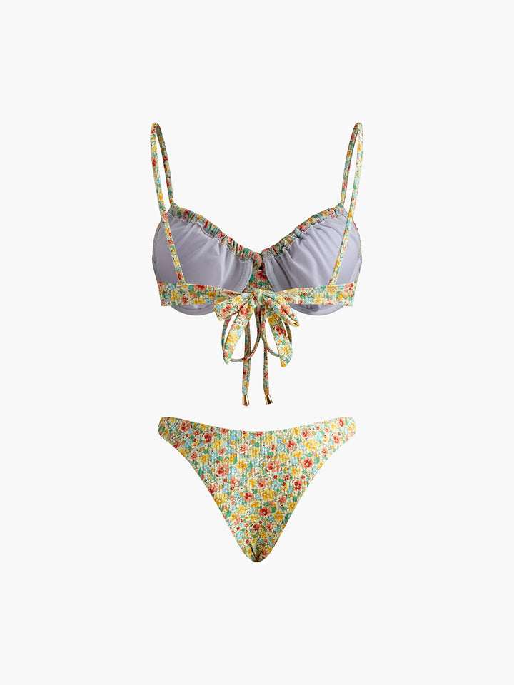 Çiçek Desenli Önden Bağlamalı Bikini Takımı Sarı Yeşil Kombin - SvelteChic