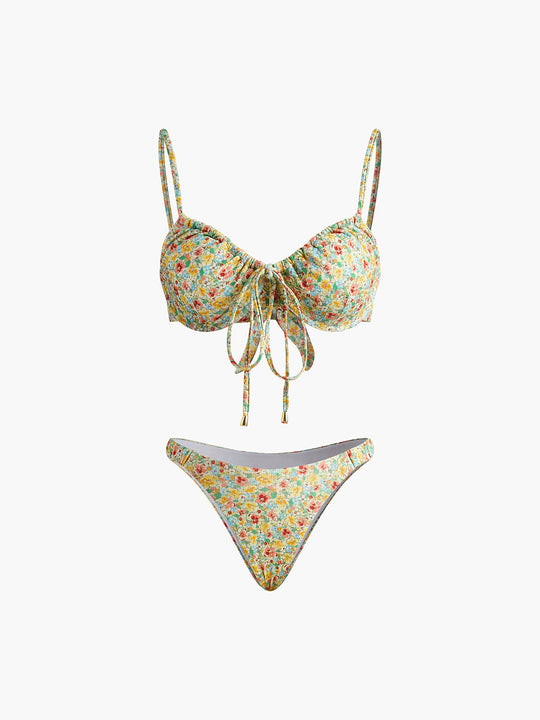 Çiçek Desenli Önden Bağlamalı Bikini Takımı Sarı Yeşil - SvelteChic Kadın Giyim