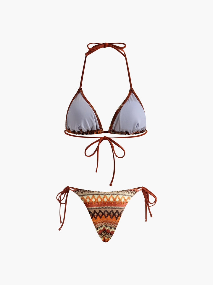 Halter Üçgen Örgü Bikini Takımı Kahverengi Çıkarılabilir Pedli Kombin - SvelteChic