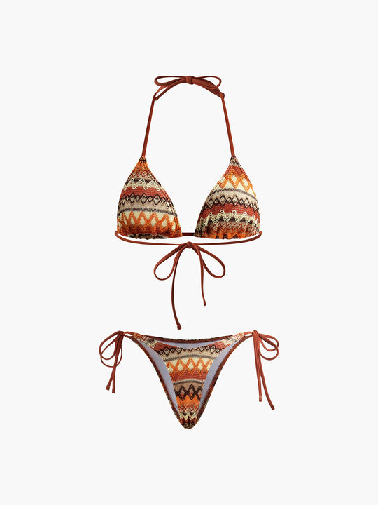 Halter Üçgen Örgü Bikini Takımı Kahverengi Çıkarılabilir Pedli - SvelteChic Kadın Giyim