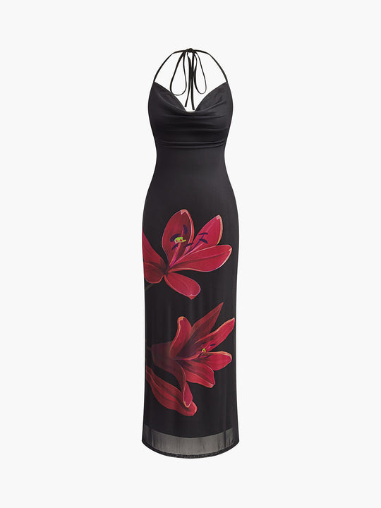 Halter İpli Sırtı Açık Çiçekli Maxi Elbise Siyah - SvelteChic Kadın Giyim