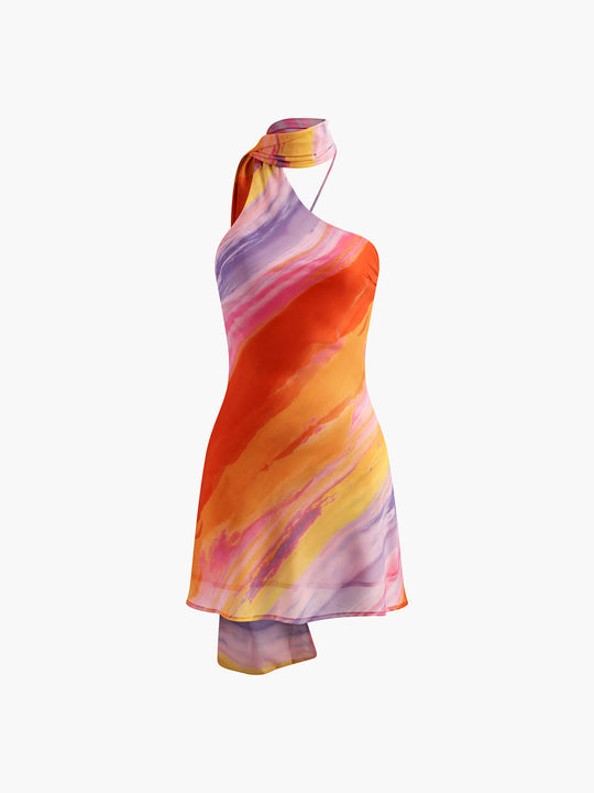 Halter Sırt Açık Batik Kısa Elbise Çok Renkli - SvelteChic Kadın Giyim