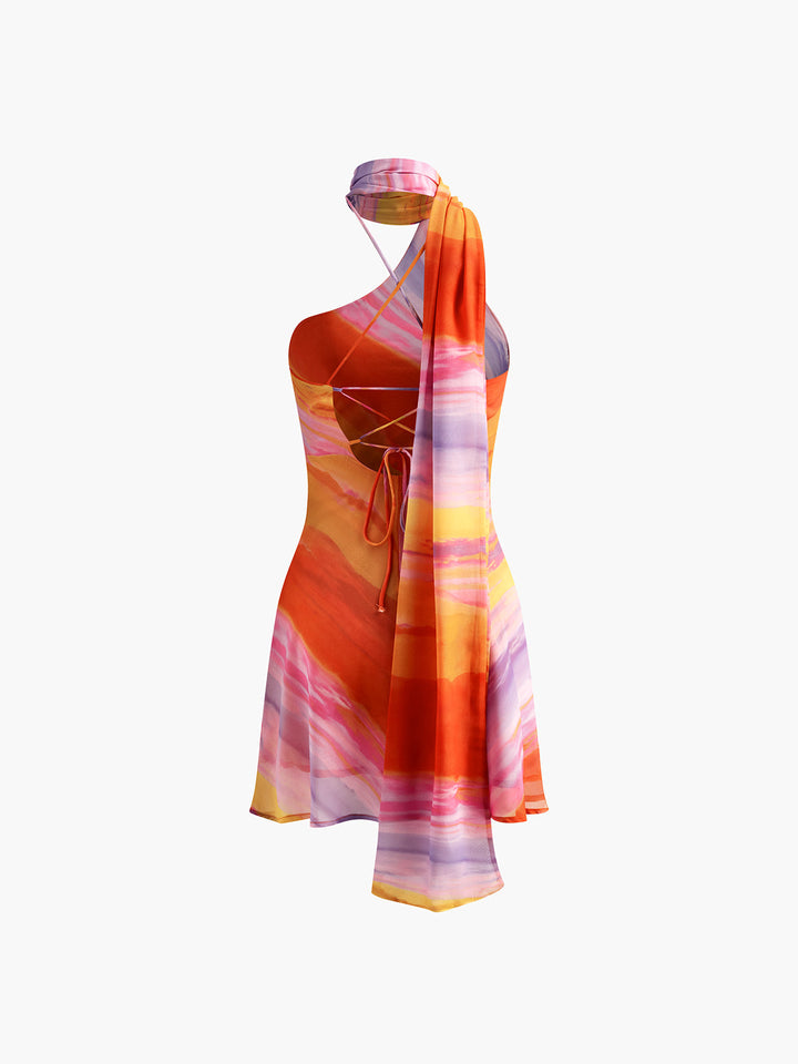 Halter Sırt Açık Batik Kısa Elbise Çok Renkli Kombin - SvelteChic