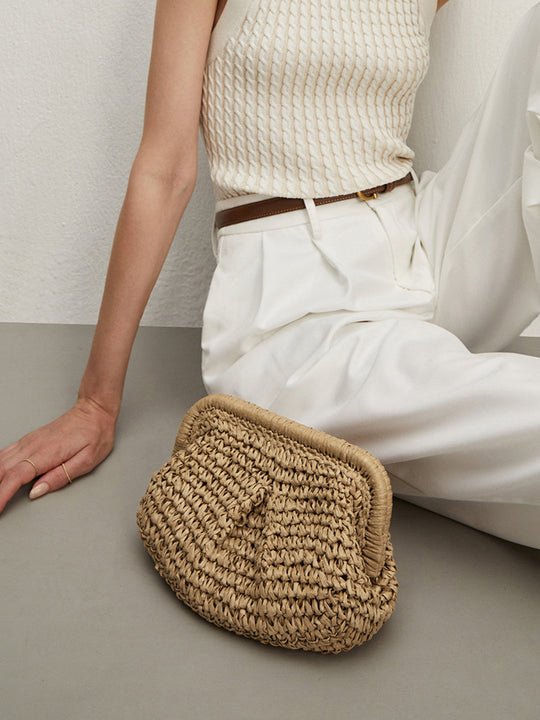 Hasır Clutch Çanta Bej Örgü Desenli Bohemian Detay Görünüm - SvelteChic