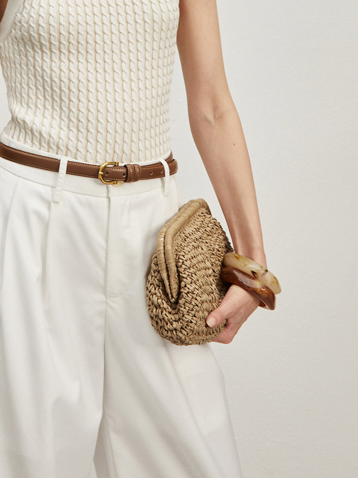 Hasır Clutch Çanta Bej Örgü Desenli Bohemian Kombin - SvelteChic