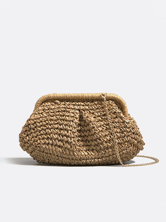 Hasır Clutch Çanta Bej Örgü Desenli Bohemian - SvelteChic Kadın Giyim