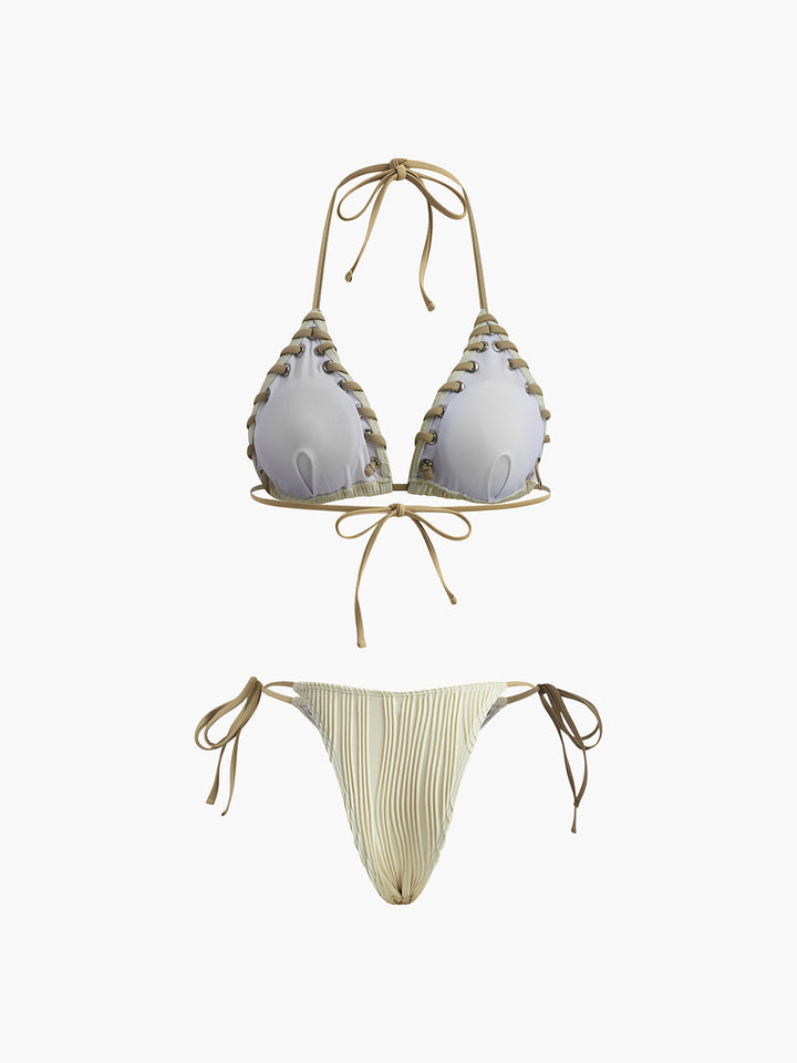 Dantelli Bağcıklı Bikini Takımı Bej Çıkarılabilir Pedli Kombin - SvelteChic