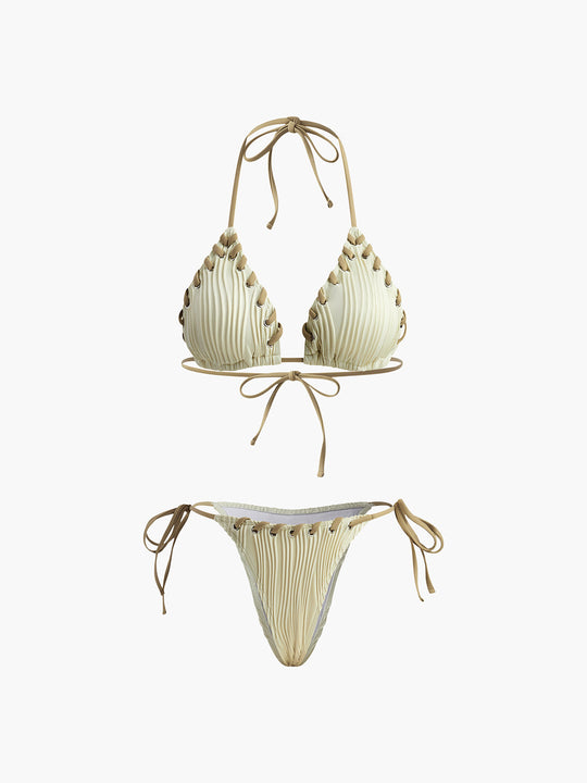 Dantelli Bağcıklı Bikini Takımı Bej Çıkarılabilir Pedli - SvelteChic Kadın Giyim