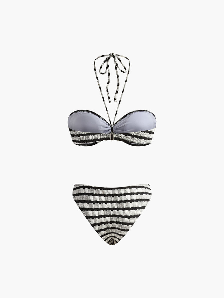 Çizgili Halter Çıkarılabilir Pedli Bikini Takımı Siyah Beyaz Kombin - SvelteChic