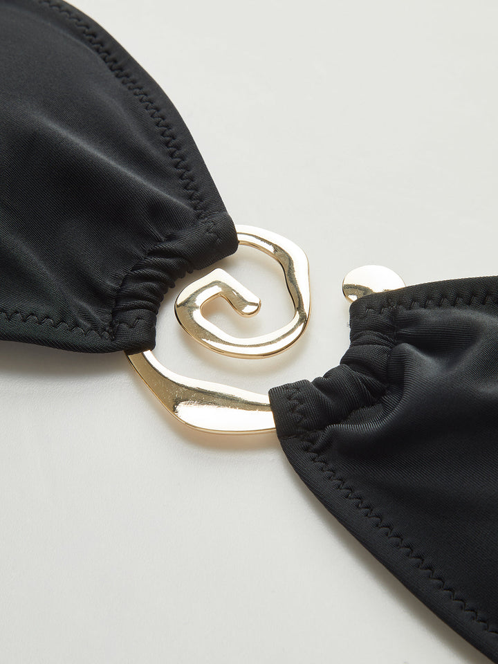 Altın Spiral Bikini Takımı Siyah Metal Detaylı Detay Görünüm - SvelteChic