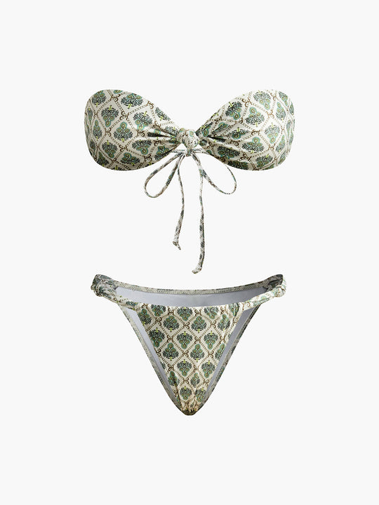 Baskılı Straplez Bikini Takımı Yeşil Ekru Geometrik Desen - SvelteChic Kadın Giyim