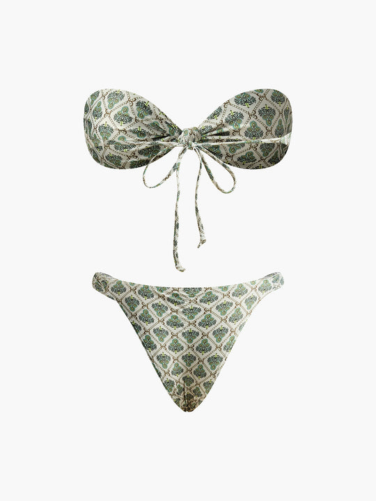 Baskılı Straplez Bikini Takımı Yeşil Ekru Geometrik Desen Detay Görünüm - SvelteChic