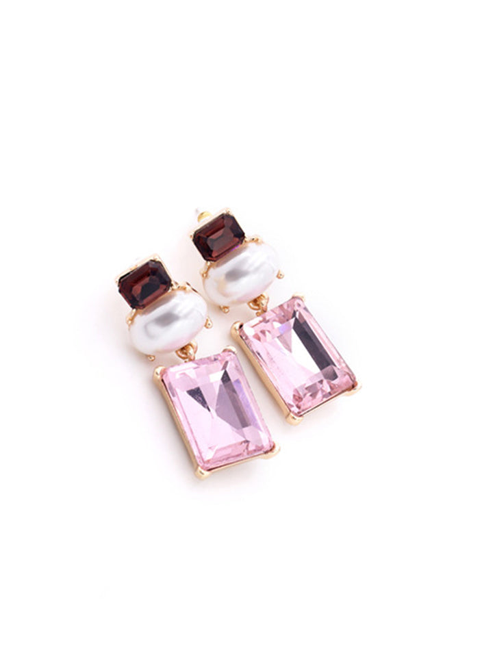 Geometrik Rhinestone Damla Küpe Pembe Bordo Ziron Taşlı Detay Görünüm - SvelteChic
