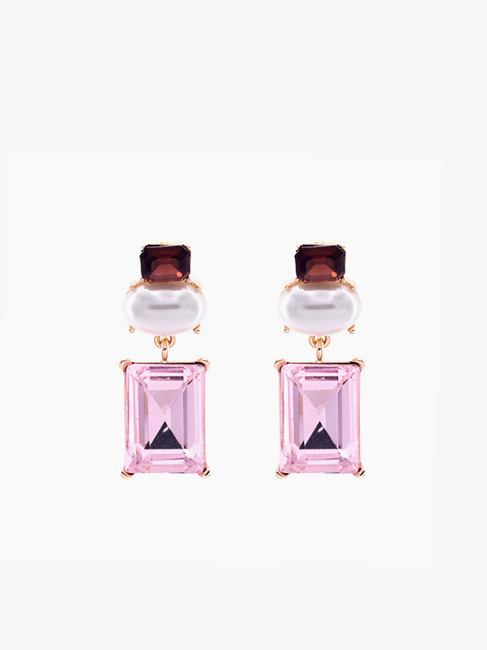 Geometrik Rhinestone Damla Küpe Pembe Bordo Ziron Taşlı - SvelteChic Kadın Giyim