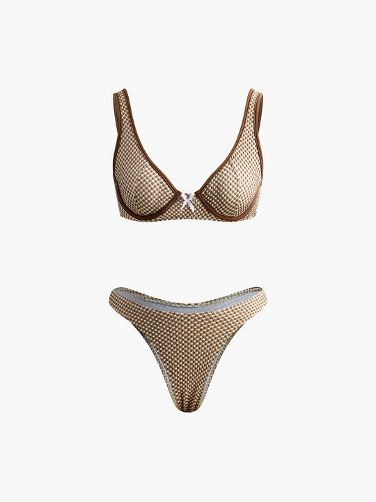 Ekose Bikini Takımı Açık Kahverengi Çıkarılabilir Pedli - SvelteChic Kadın Giyim