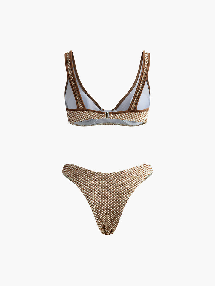 Ekose Bikini Takımı Açık Kahverengi Çıkarılabilir Pedli Kombin - SvelteChic