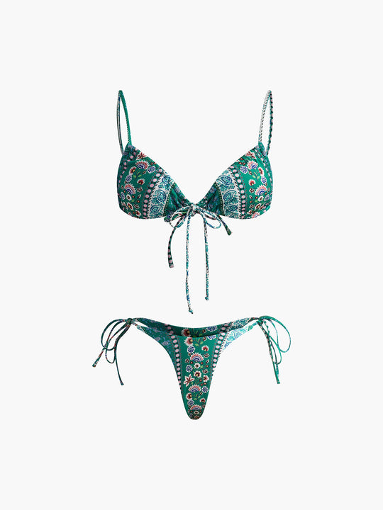 Çiçekli Önden Bağlamalı Bikini Takımı Yeşil Çıkarılabilir Pedli - SvelteChic Kadın Giyim